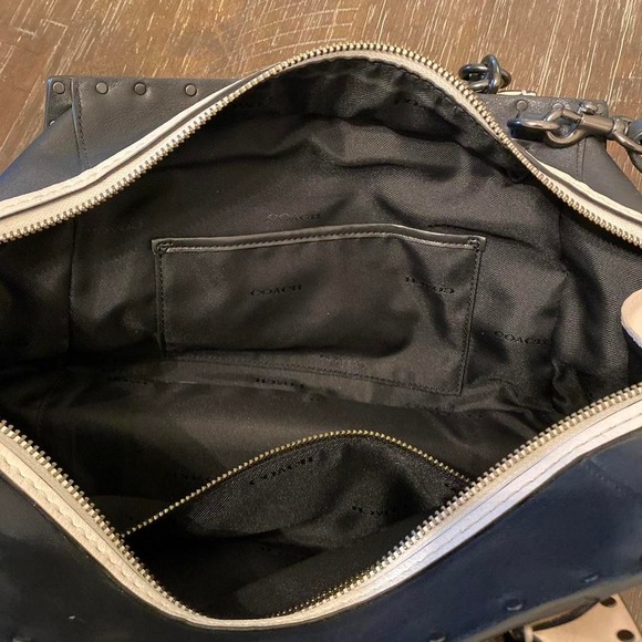 Coach Studded Satchel Bag Black White Tan Leather Hardware Logo Detail - Picture 9 of 9